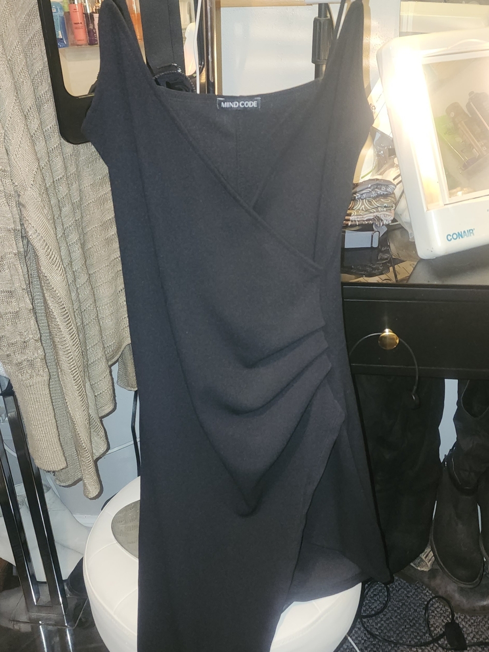 Mind Code Black Asymmetrical Draped Midi Dress